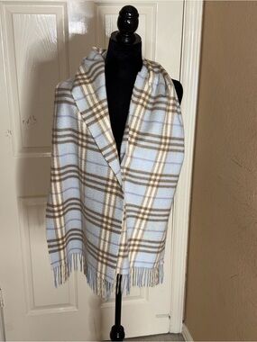 Burberry 100% Cashmere Nova Plaid Blue Scarf 70”L
